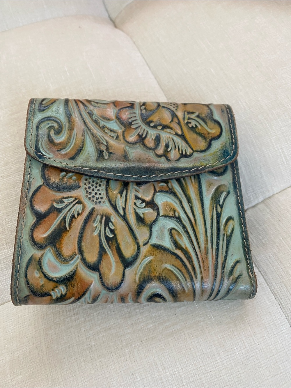 Patricia Nash Tooled Floral Leather Wallet - Teal and Brown